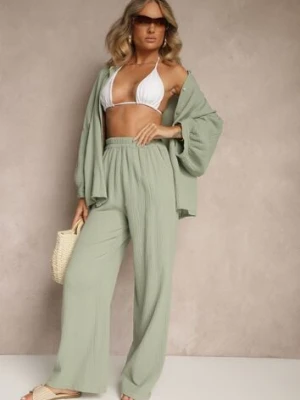 Zielony Bawełniany Komplet Muślinowy Oversize z Koszulą i Szerokimi Spodniami Ziorina jumelle