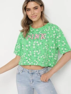 Zielony Bawełniany T-shirt Oversize w Kwiatowy Print o Krótkim Fasonie Daelinn glo-story