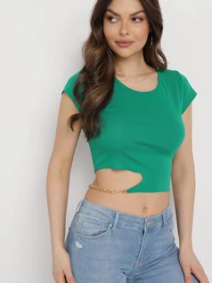 Zielony Bawełniany T-shirt z Asymetrycznym Wycięciem i Ozdobnym Łańcuszkiem Glitia metro five