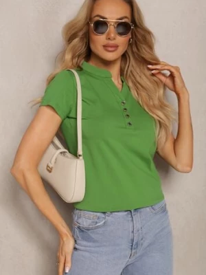 Zielony Bawełniany T-shirt z Guzikami przy Dekolcie Wialina