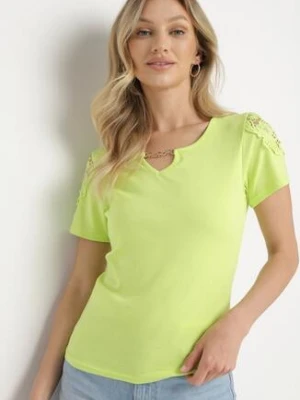 Zielony Bawełniany T-shirt z Łańcuszkiem i Koronką Liraveira h&s