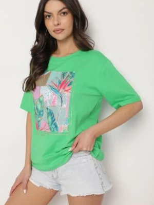 Zielony Bawełniany T-shirt z Ozdobnym Nadrukiem Delmari glo-story