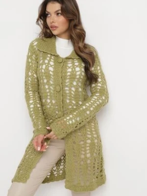 Zielony Długi Kardigan Ażurowy Lontoria