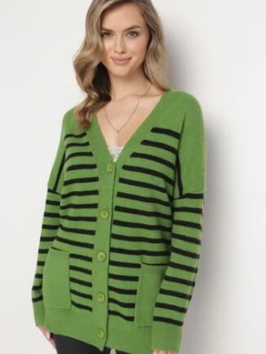 Zielony Długi Kardigan w Paski z Kieszeniami Fellesa m&v
