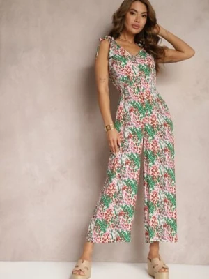 Zielony Długi Kombinezon z Wiązanymi Ramiączkami Ozdobiony Mozaikowym Wzorem Jarnsaxa rosa