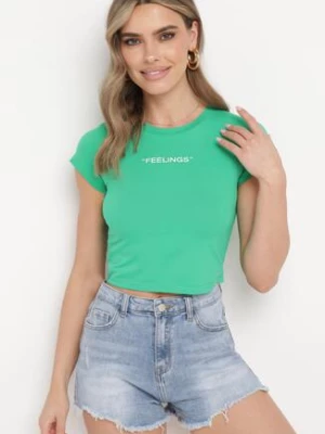 Zielony Dopasowany T-shirt Cropped z Napisem z Pzodu Yaloena metro five