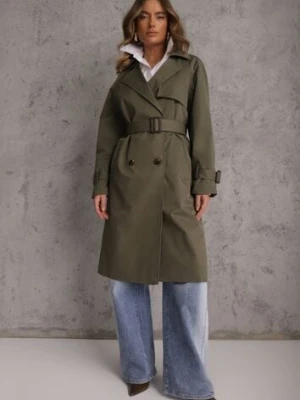 Zielony Dwurzędowy Płaszcz Trencz z Paskiem Ninnolia