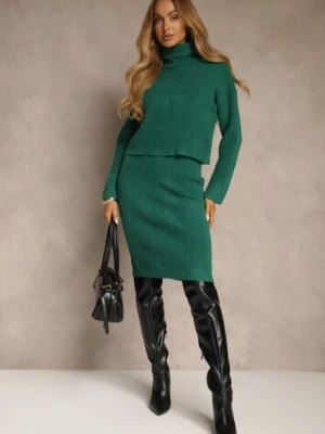 Zielony Dzianinowy Komplet z Bawełną i Wełną Dopasowana Sukienka i Golf Reinissa