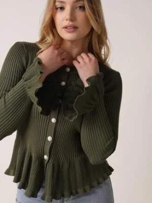 Zielony Elegancki Kardigan z Wiskozy z Falbankami i Guzikami z Cyrkoniami Orsea