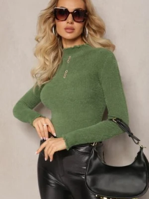 Zielony Futerkowy Sweter z Wełny z Półgolfem i Ozdobnymi Guzikami Zekluna j&x