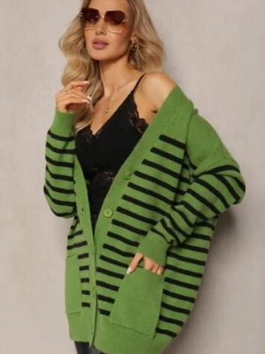 Zielony Kardigan w Paski o Wydłużonym Fasonie z Dekoltem V Zapinany na Guziki Ravime m&v