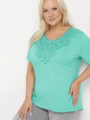 Zielony Klasyczny T-shirt z Koronką przy Dekolcie Fioma j&x