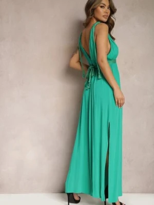 Zielony Kombinezon bez Rękawów z Gumką w Talii z Wiskozy i Lnu Nehir