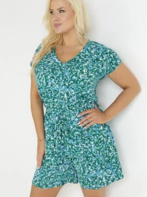 Zielony Kombinezon w Kwiatki z Gumką w Pasie i Krótkimi Nogawkami Obeda christy