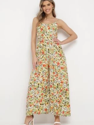 Zielony Kombinezon w Kwiatowy Wzór z Szerokimi Nogawkami i Sznurkiem w Talii Celiana rosa