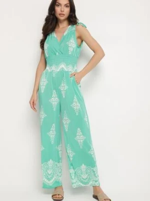 Zielony Kombinezon w Orientalny Wzór z Dekoltem w Serek Izena j&x