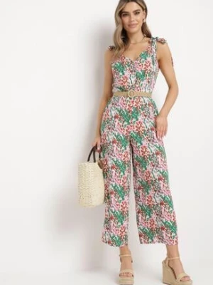 Zielony Kombinezon z Długimi Nogawkami Wiązanymi Ramiączkami i Abstrakcyjnym Printem Izara rosa