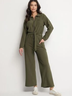 Zielony Kombinezon z Gumką i Wiązaniem w Talii z Szerokimi Nogawkami Creza defox