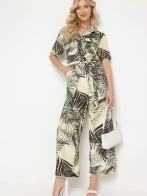 Zielony Kombinezon z Gumką w Pasie Zapinany na Guziki z Materiałowym Paskiem Efity retro & icone