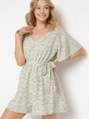 Zielony Kombinezon z Gumką w Pasie Zapinany przy Karku na Guzik z Dodatkowym Materiałowym Paskiem Odilla defox