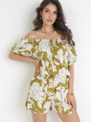 Zielony Kombinezon z Wiskozy z Hiszpańskim Dekoltem w Kwiaty Astinn j&x