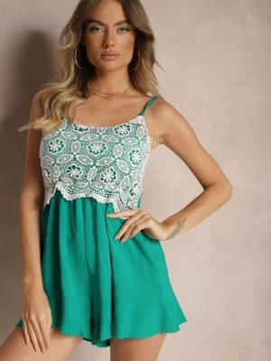 Zielony Kombinezon ze Wstawką z Koronki na Cienkich Ramiączkach Tiritana r&f fashion