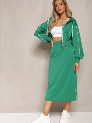 Zielony Komplet Dresowy Krótka Bluza z Kapturem i Spódnica Ołówkowa Agordia
