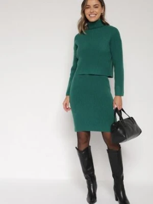 Zielony Komplet Dzianinowy z Wełną i Bawełną Golf i Dopasowana Sukienka Reilaia