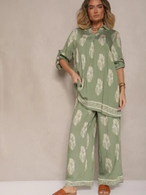 Zielony Komplet Oversize w Stylu Rustykalnym Długa Koszula i Szerokie Spodnie Mepilara m&d fashion