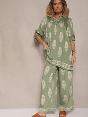 Zielony Komplet Oversize w Stylu Rustykalnym Długa Koszula i Szerokie Spodnie Mepilara M&d Fashion