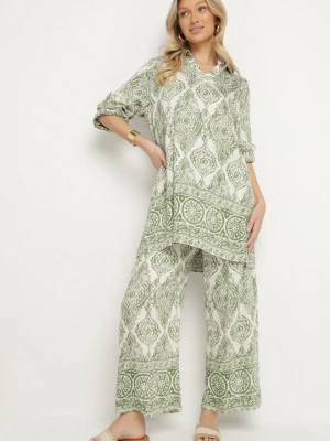 Zielony Komplet Oversize z Wiskozą w Etniczny Wzór Szerokie Spodnie i Koszula Nilamiella M&d Fashion