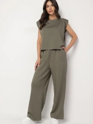 Zielony Komplet z Wiskozą Koszulka z Usztywnionymi Ramionami i Szerokie Spodnie Nevisari jumelle