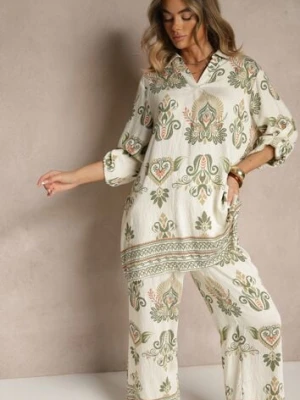 Zdjęcie produktu Zielony Komplet z Wiskozą Szerokie Spodnie i Bluzka w Stylu Boho Rinadora