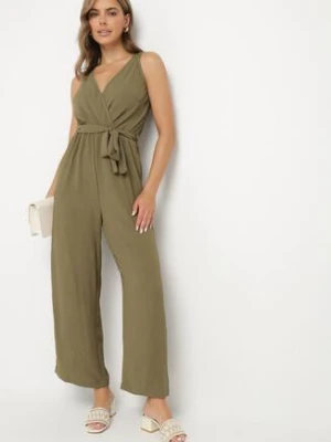 Zielony Kopertowy Kombinezon z Ażurowym Tyłem i Szerokimi Nogawkami Marilna melya by melody