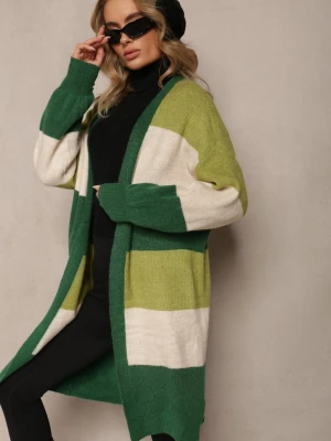 Zielony Luźny Kardigan Niezapinany w Paski Blikoze M&d Fashion