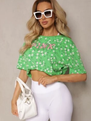 Zielony Oversize T-shirt Krótki z Bawełny Ozdobiony Napisem i Printem Dawene