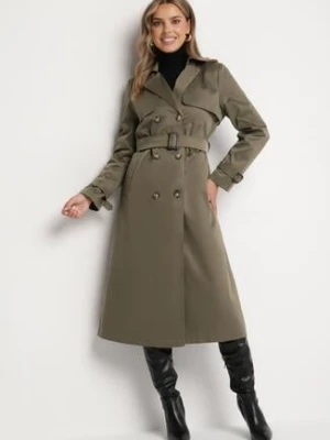 Zielony Płaszcz Trencz Dwurzędowy Ozdobiony Paskiemz Klamrą Tinbella melya by melody