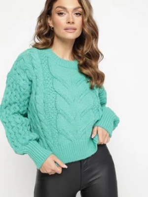 Zielony Wełniany Sweter z Warkoczykowym Splotem Venqille