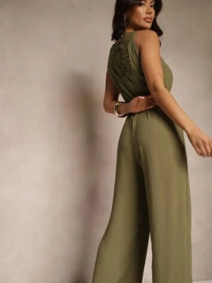 Zielony Szeroki Kombinezon o Kopertowym Kroju z Ażurowym Zdobieniem Olisena melya by melody