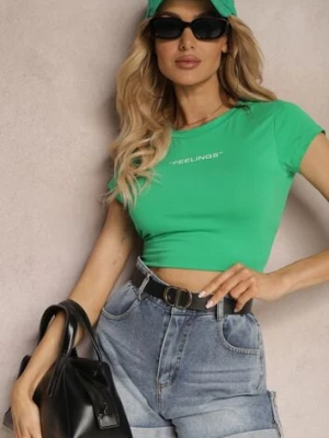 Zielony T-shirt o Dopasowanym Fasonie Cropped z Napisem Zaloella metro five