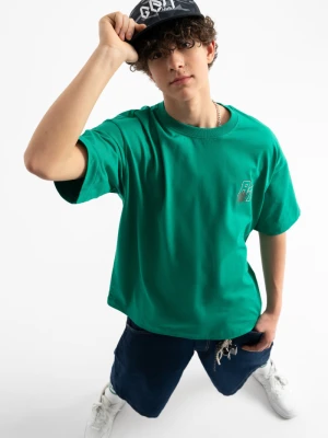 T-shirt chłopięcy regular, z grafiką z tyłu, zielony Reporter