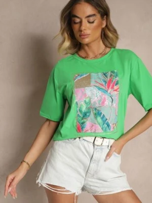 Zielony T-shirt z Bawełny Ozdobiony Brokatem Isadelle glo-story