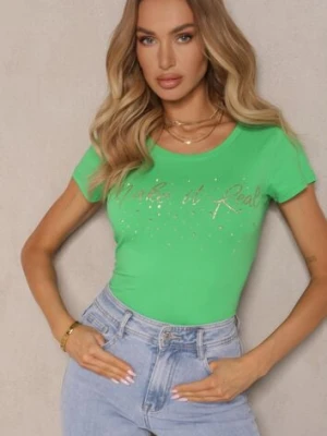 Zielony T-shirt z Bawełny Ozdobiony Napisem i Cyrkoniami Zreadia