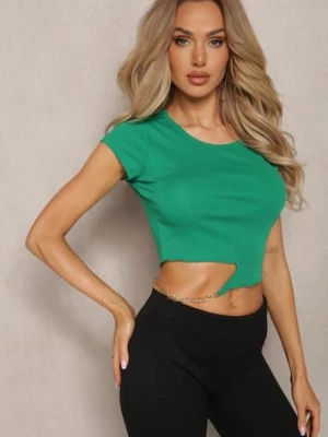 Zielony T-shirt z Bawełny Ozdobiony Wycięciem i Łańcuszkiem Sparkina