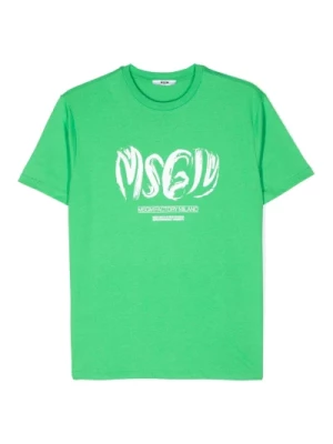 Zielony T-shirt z Logo dla Dzieci Msgm