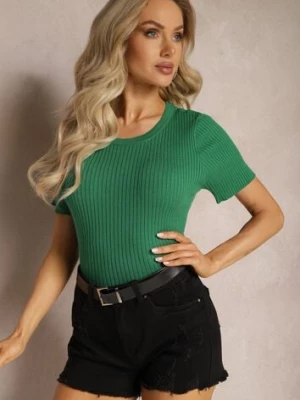 Zielony T-shirt z Prążkowanej Dzianiny o Krótkim Kroju Poutia