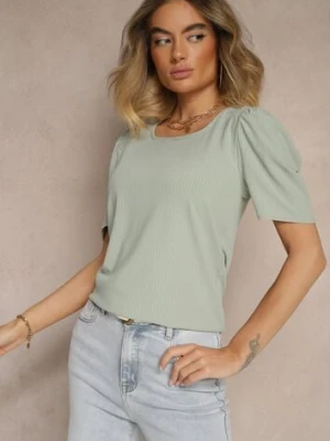 Zielony T-shirt z Prążkowanej Tkaniny z Zakładkami przy Rękawach Kolaniella glo-story