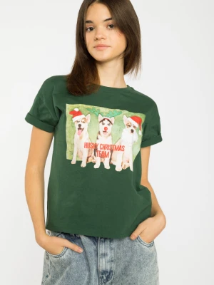 Zielony T-shirt ze świątecznym nadrukiem Reporter