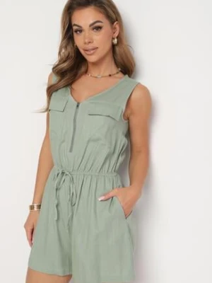 Zielony Taliowany Bawełniany Kombinezon z Gumką w Pasie Zapinany na Suwak Tennea rosa