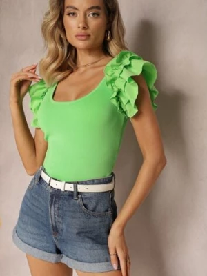 Zielony Top z Okrągłym Dekoltem i Falbankami przy Ramionach Kaenna elsa.m by may
